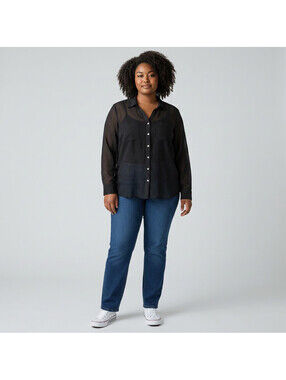 Vanity Shirt Women 2XL Black Button Up Collared Long Sleeve Sheer Pockets Casual